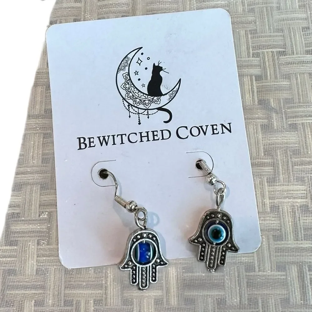 42E Bewitched Coven Silver and Blue Hamsa Earrings‎